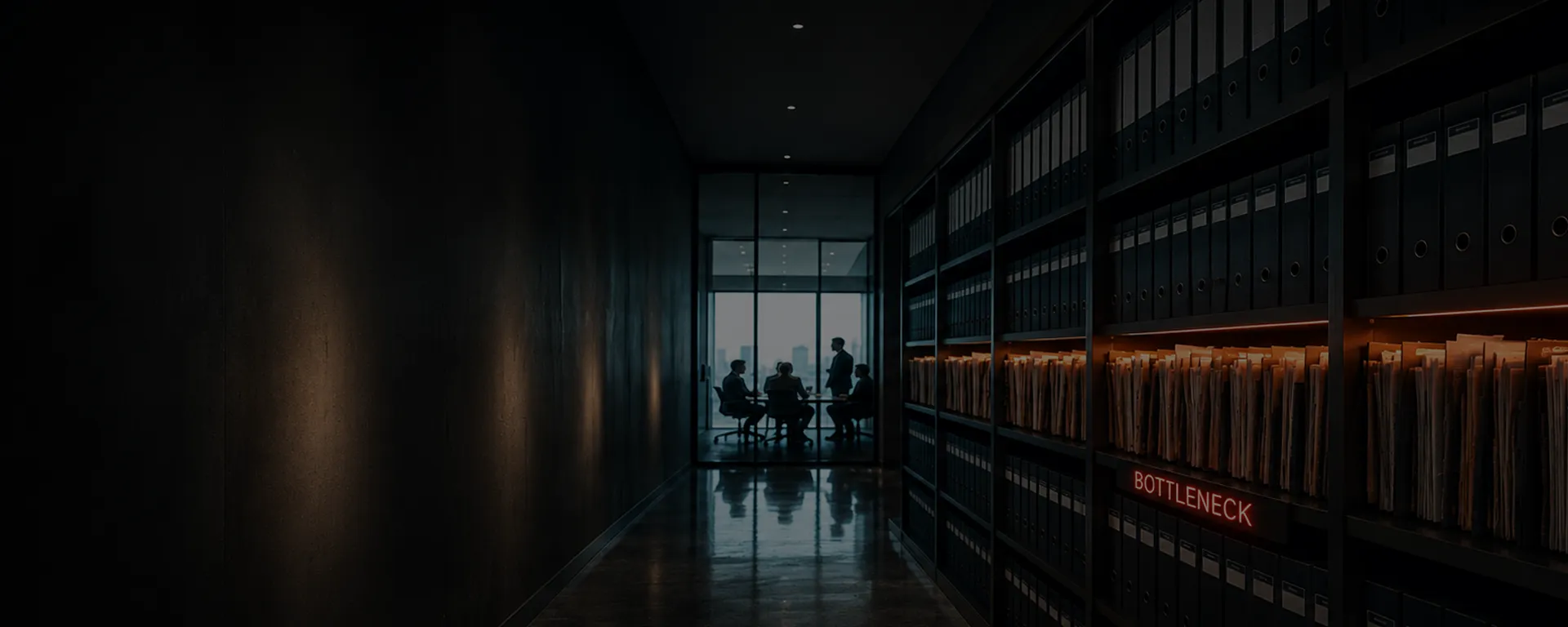 Law library shelves with a red Bottleneck sign