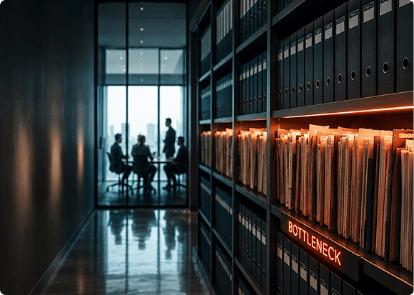 Law library shelves with a red Bottleneck sign